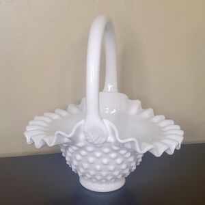 Fenton Hobnail Milk Glass Ruffle Bowl with Handle Simple Wedding Trinket Basket